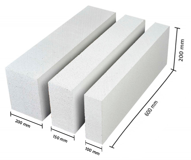 AAC blocks shown at their standard 600mm length with 100mm, 150mm and 200mm thicknesses